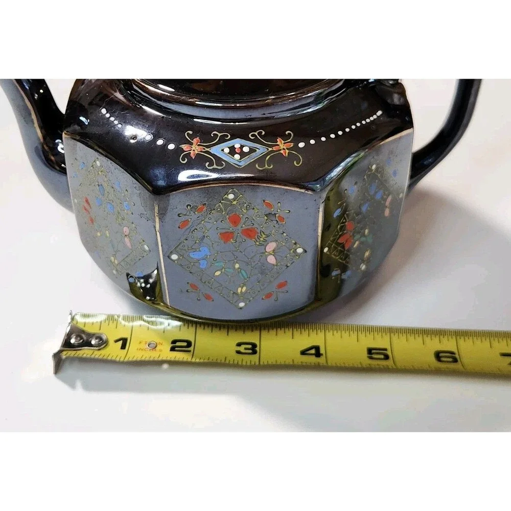 Vintage Japanese Teapot Brown Glazed Gold Trim Hand Painted 8 Sided Ceramic